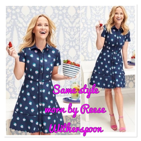 Draper James Navy Blue Pink & Green Strawberry Print Shirt Dress, Size 0 - Picture 4 of 16